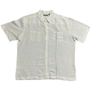 CubaVera Men White Button Down Shirt Size XL Striped Stitch Embroidery